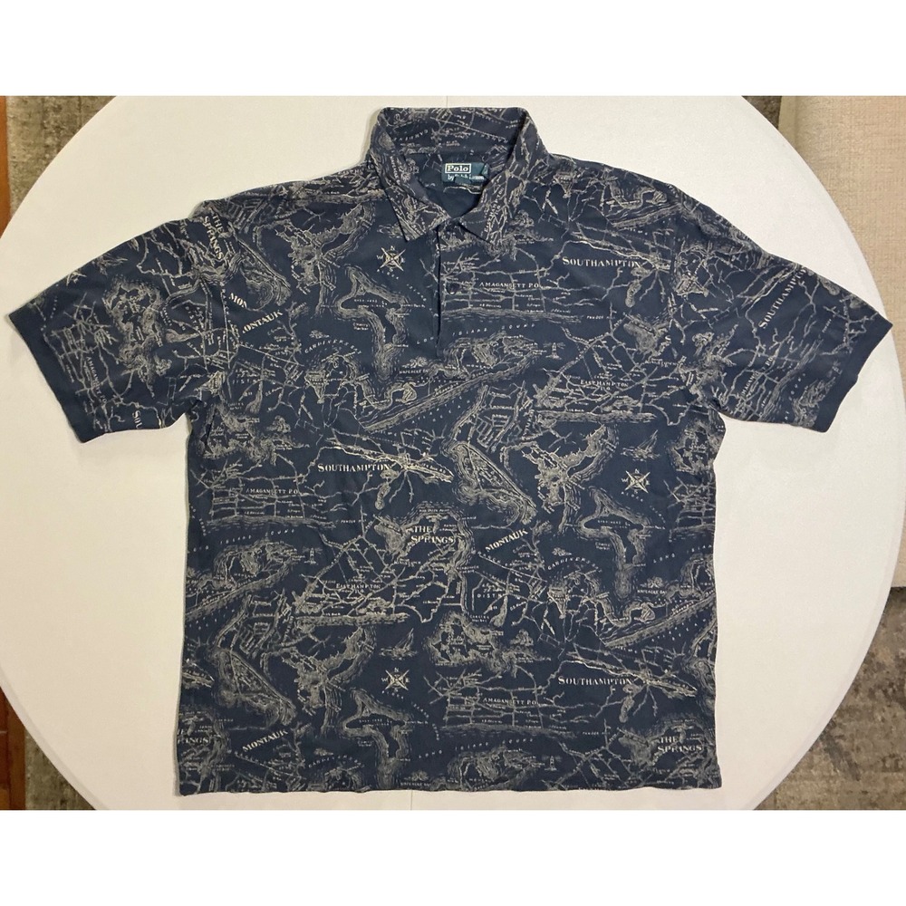 VTG Y2K Rare Polo Ralph Lauren 2XLT‎ AOP Blue Hamptons Nautical Map Print Polo